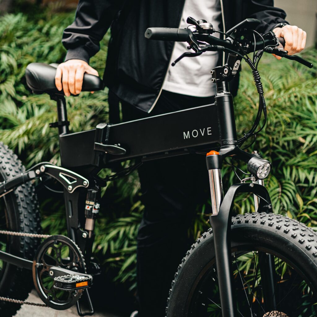 電動自転車を草原の前で教えている様子